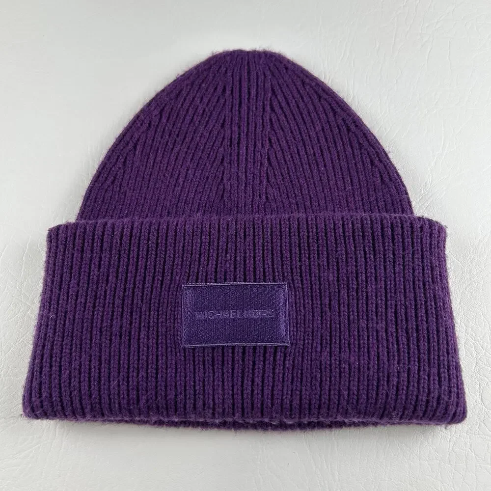 Michael Kors Purple Cuffed Beanie Women’s Wool Blend Ribbed Knit Logo Hat